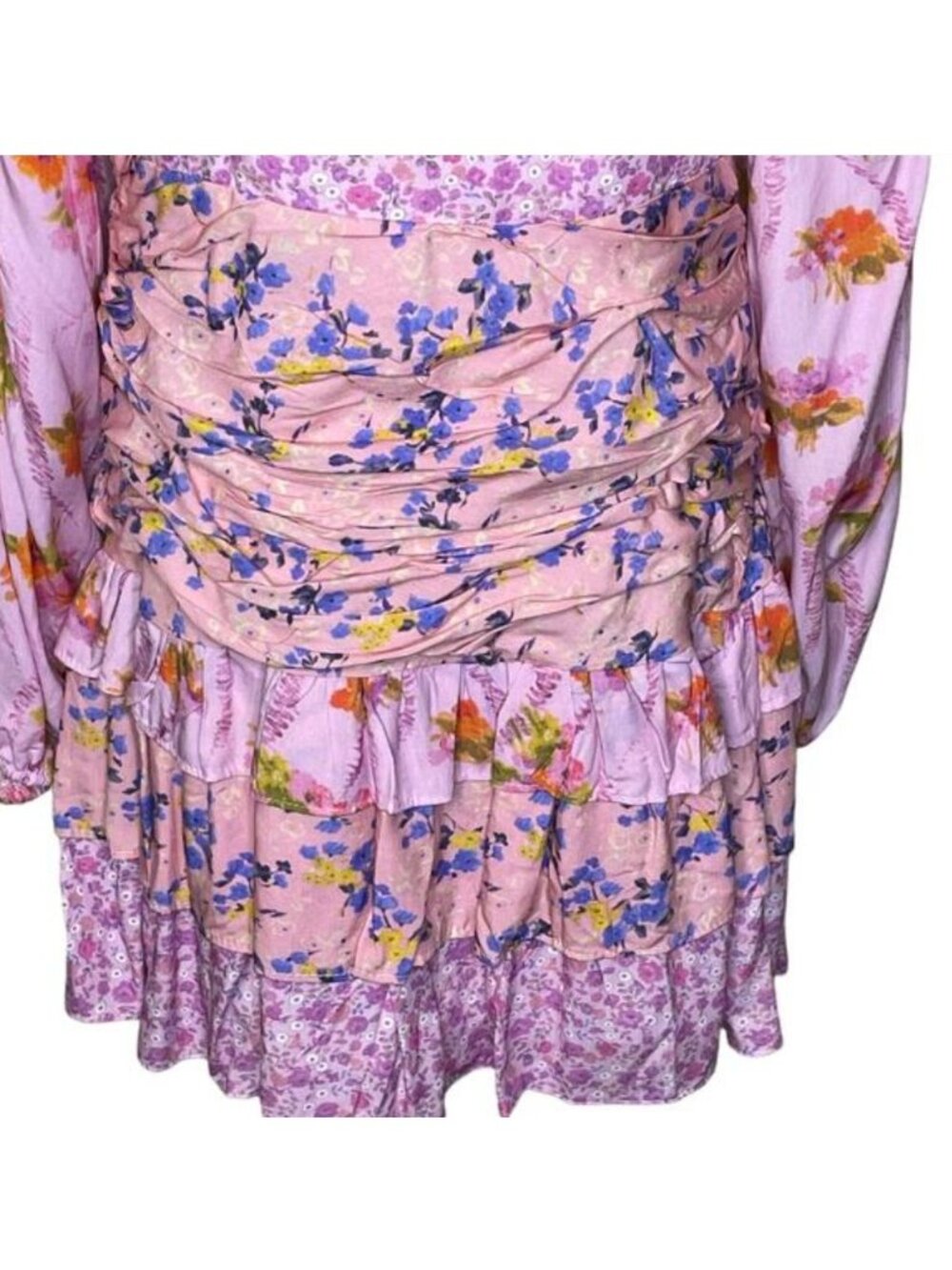 Pink Ripple Floral Ruched Mini Dress Medium Pink V Neck Ruffle Flounce Boho - Picture 16 of 16